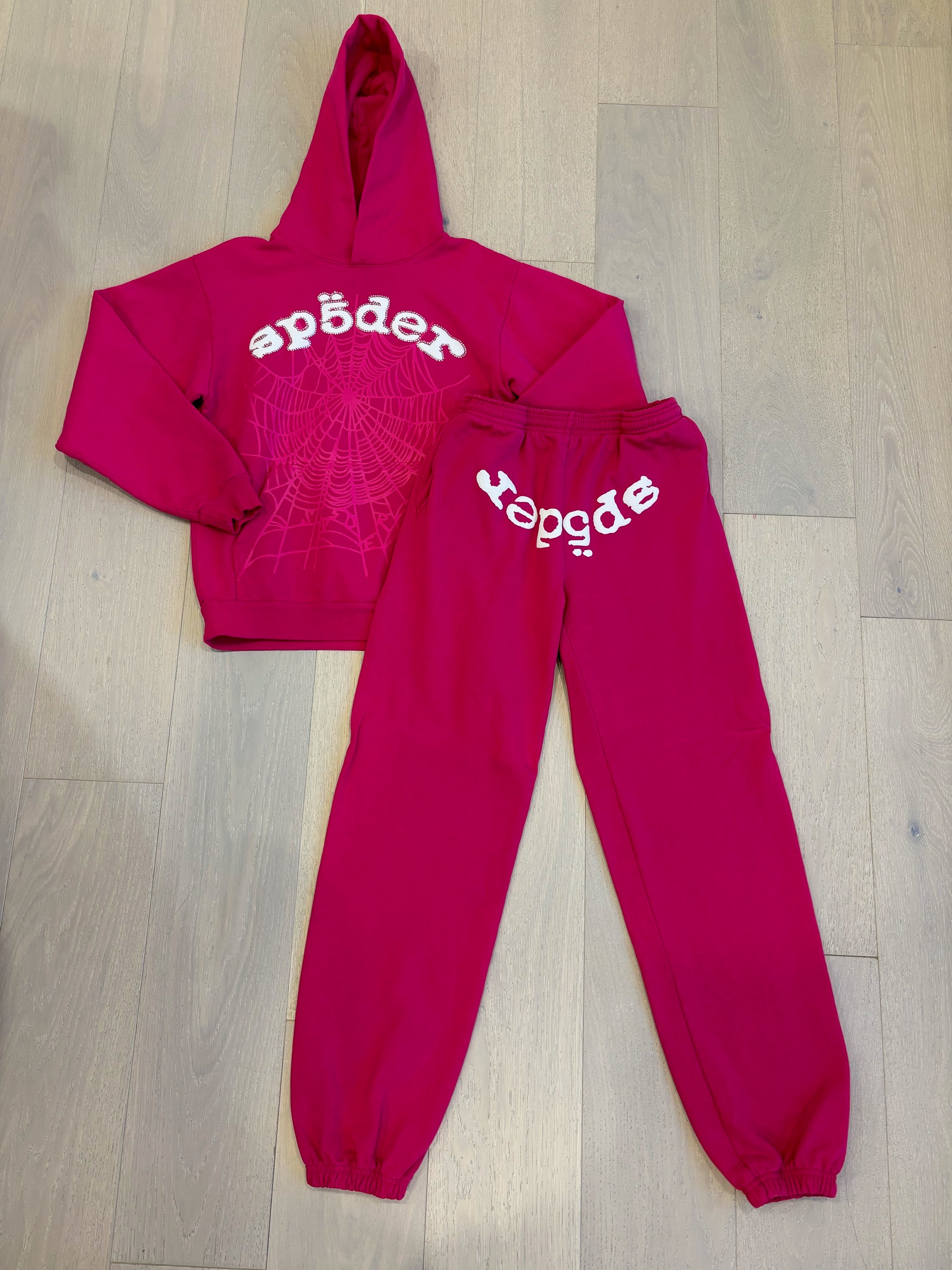 SET - Sp5der Hoodie Sweatsuit (Hot Pink/White)